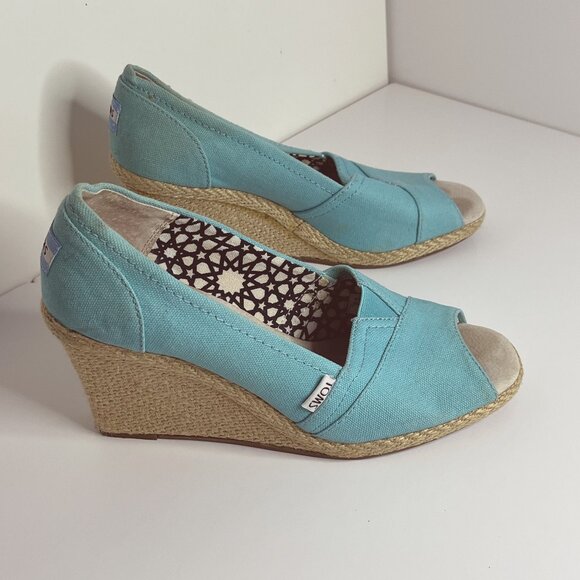 TOMS Espadrilles Wedges Open toe size 8.5 Turquoise - Picture 1 of 4